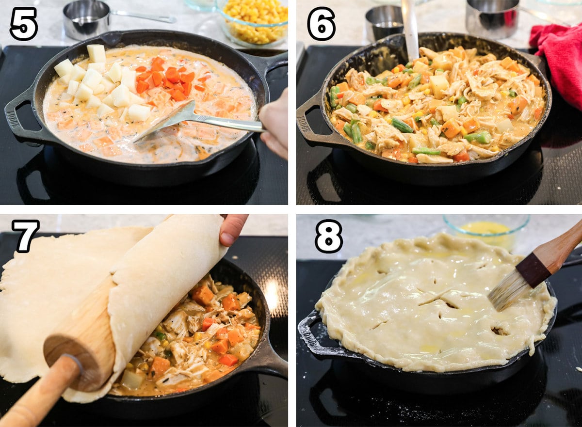 Four photos showing how to turkey pot pie, steps 5 thru 8