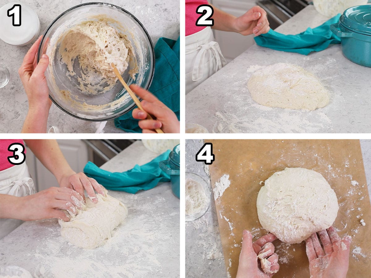 Four photos showing bread dough being prepared and folded.