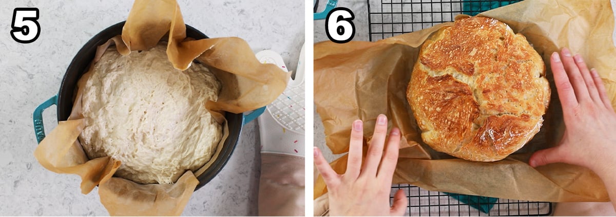 Two photos showing bread dough before and after baking.