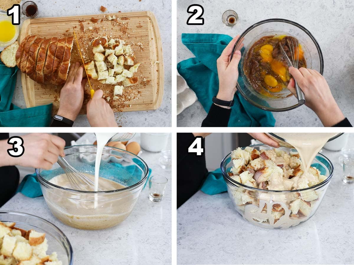 Four photos showing bread being cubed and combined with custard.