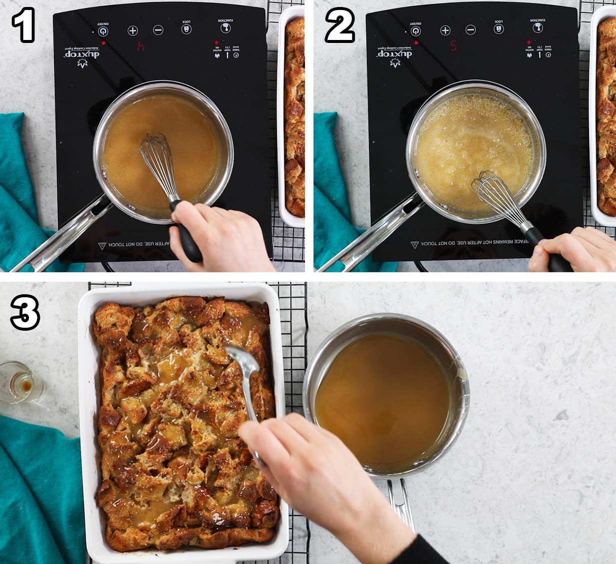 Three photos showing a sauce being prepared and drizzled over bread pudding.
