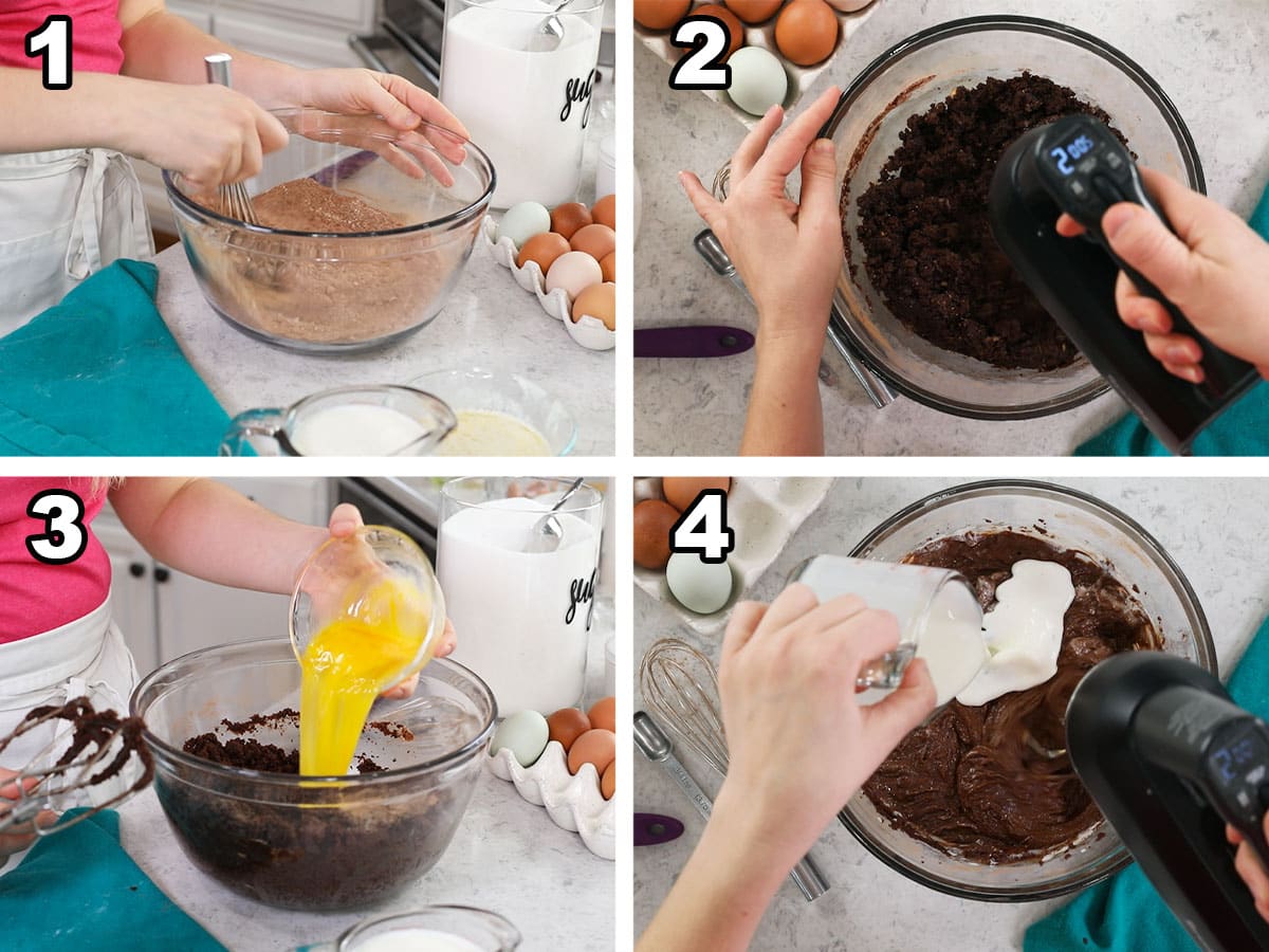 Collage of four photos showing chocolate cake batter being prepared.