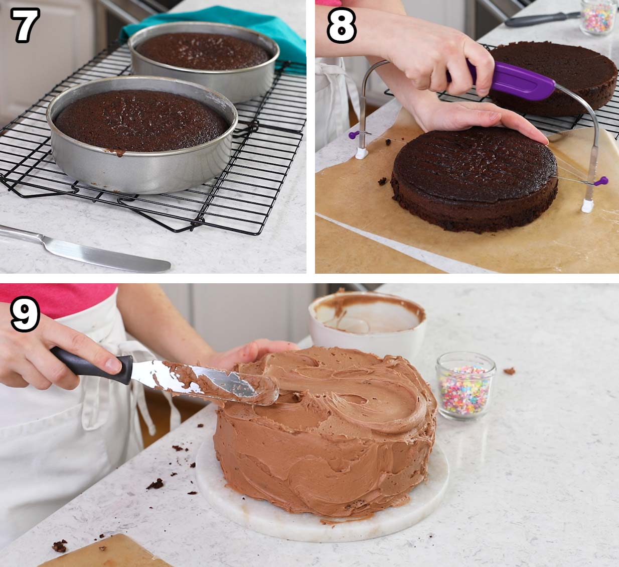 Three photos showing cake layers cooling, being leveled, and being frosted.