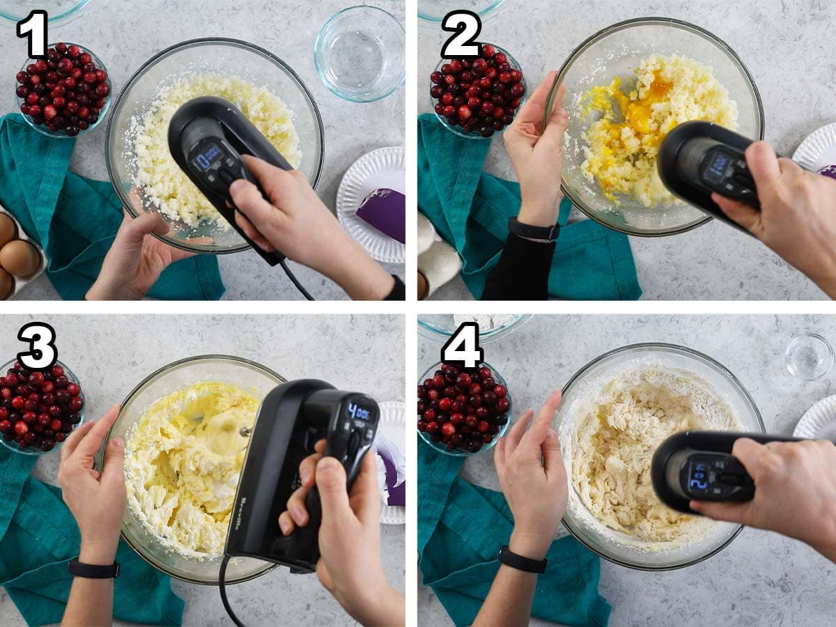 Four-photo collage of cake batter being mixed together with an electric hand mixer.
