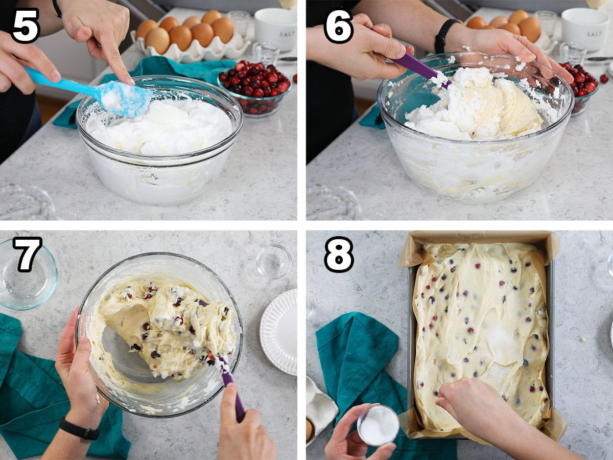 Collage of four photos showing cranberry cake batter being prepared and sprinkled with sugar before baking.