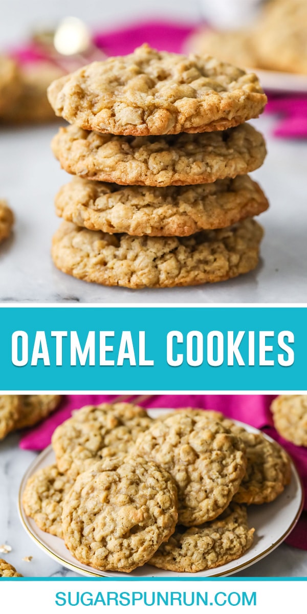 two image collage of oatmeal cookies, top image of four cookies stacked, bottom image of cookies on plate