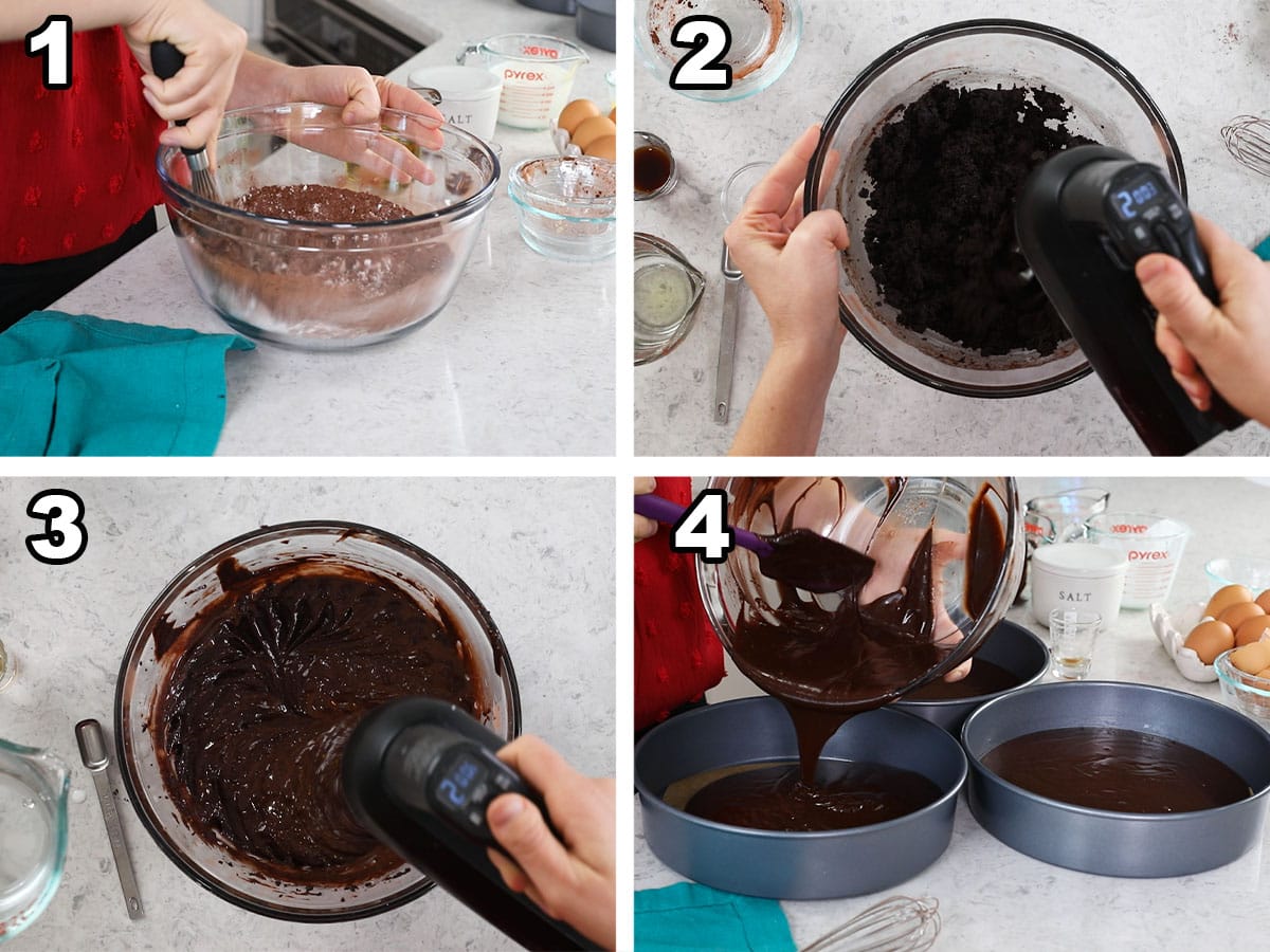 Four photos showing chocolate cake batter being prepared and divide between cake pans.