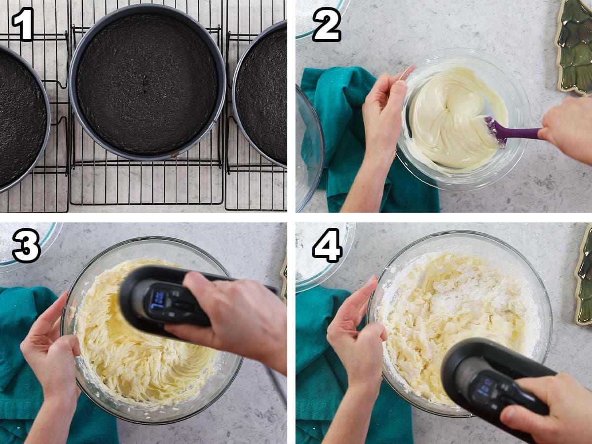 Four photos showing a white chocolate frosting being prepared.