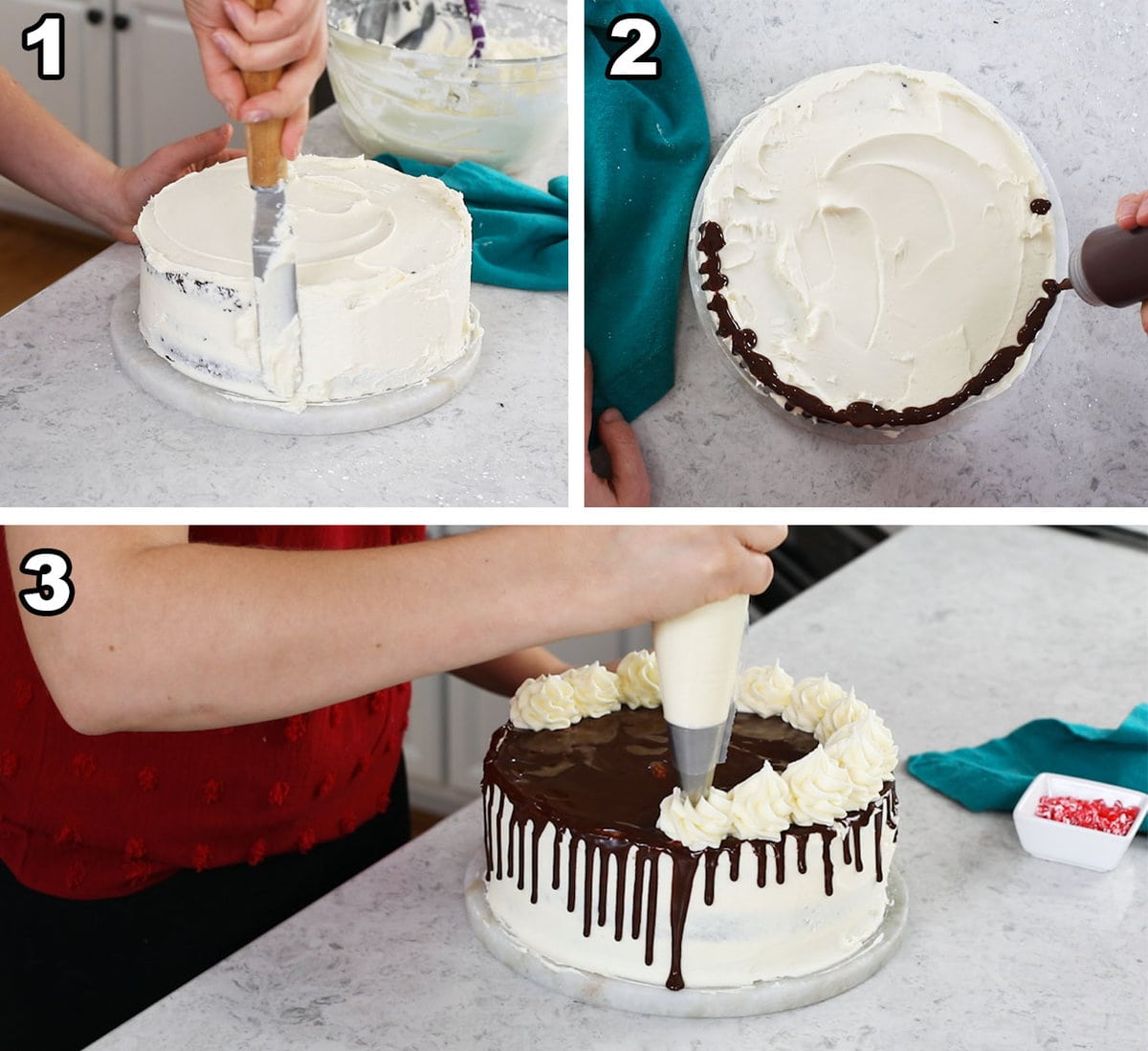 Three photos showing a chocolate cake being frosted with white chocolate peppermint frosting and and topped with a chocolate ganache drip.