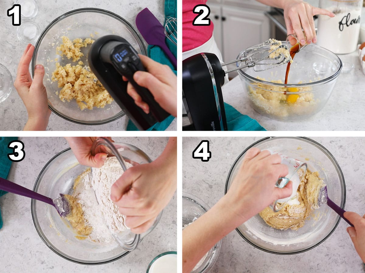 Four photos showing cupcake batter being prepared.