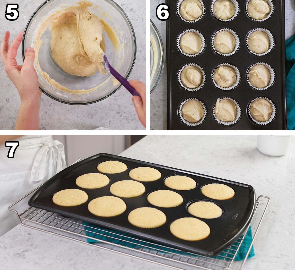 Three photos showing batter being stirred, portioned into muffin liners, and baked.