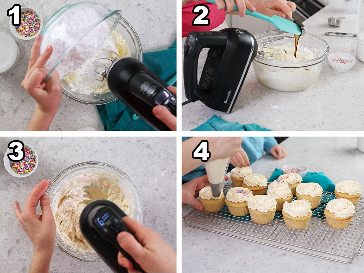 Four photos showing vanilla bean buttercream being prepared and piped over cupcakes.