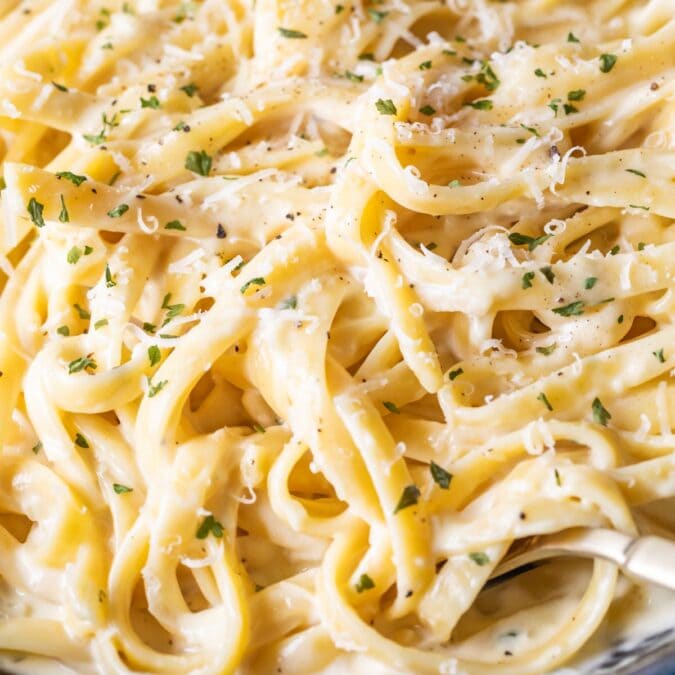 Close up view of fettuccine pasta tossed in alfredo sauce and topped with parmesan cheese and parsley.