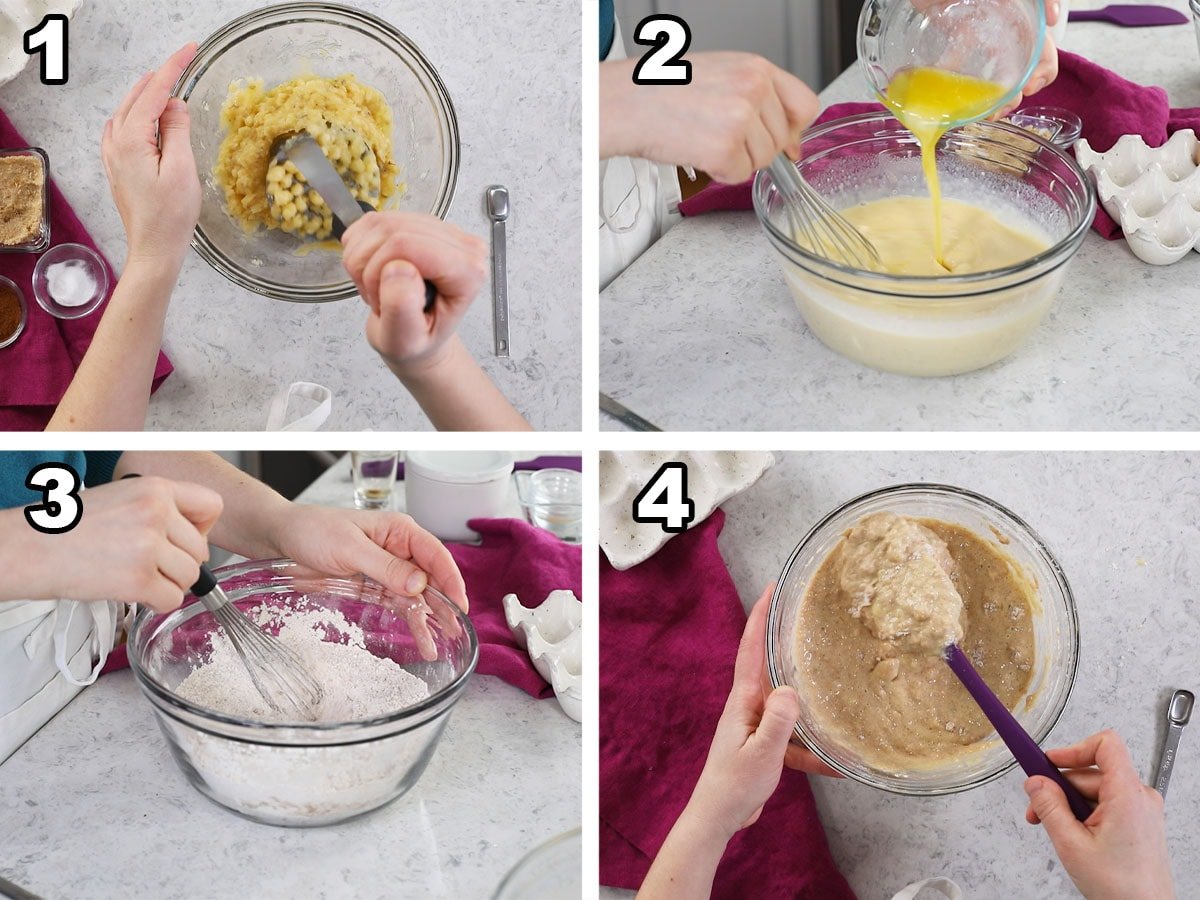 Collage of four photos showing bananas being mashed and combined with pancake batter.
