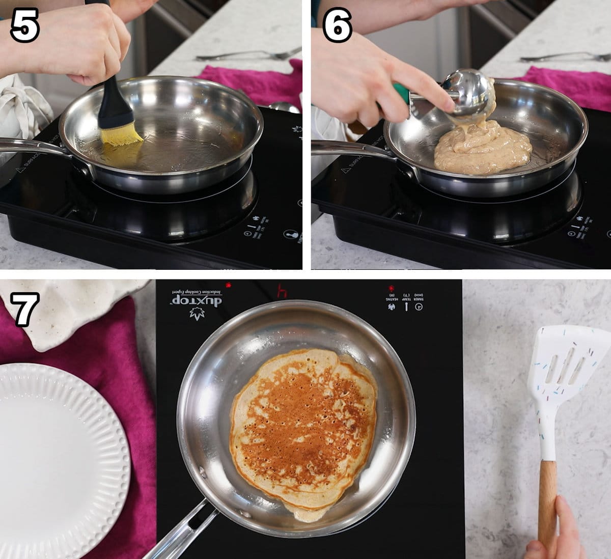 Collage of three photos showing banana pancake batter being cooked in a pan.
