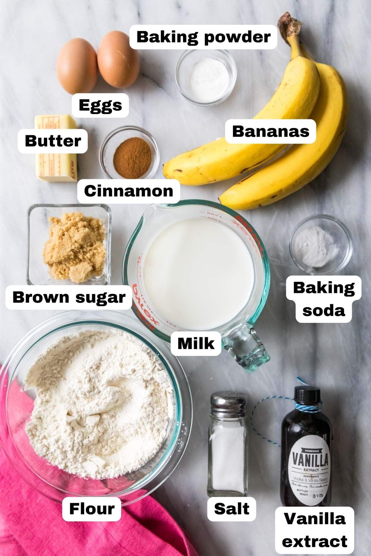 Overhead view of labelled ingredients including bananas, cinnamon, brown sugar, and more.