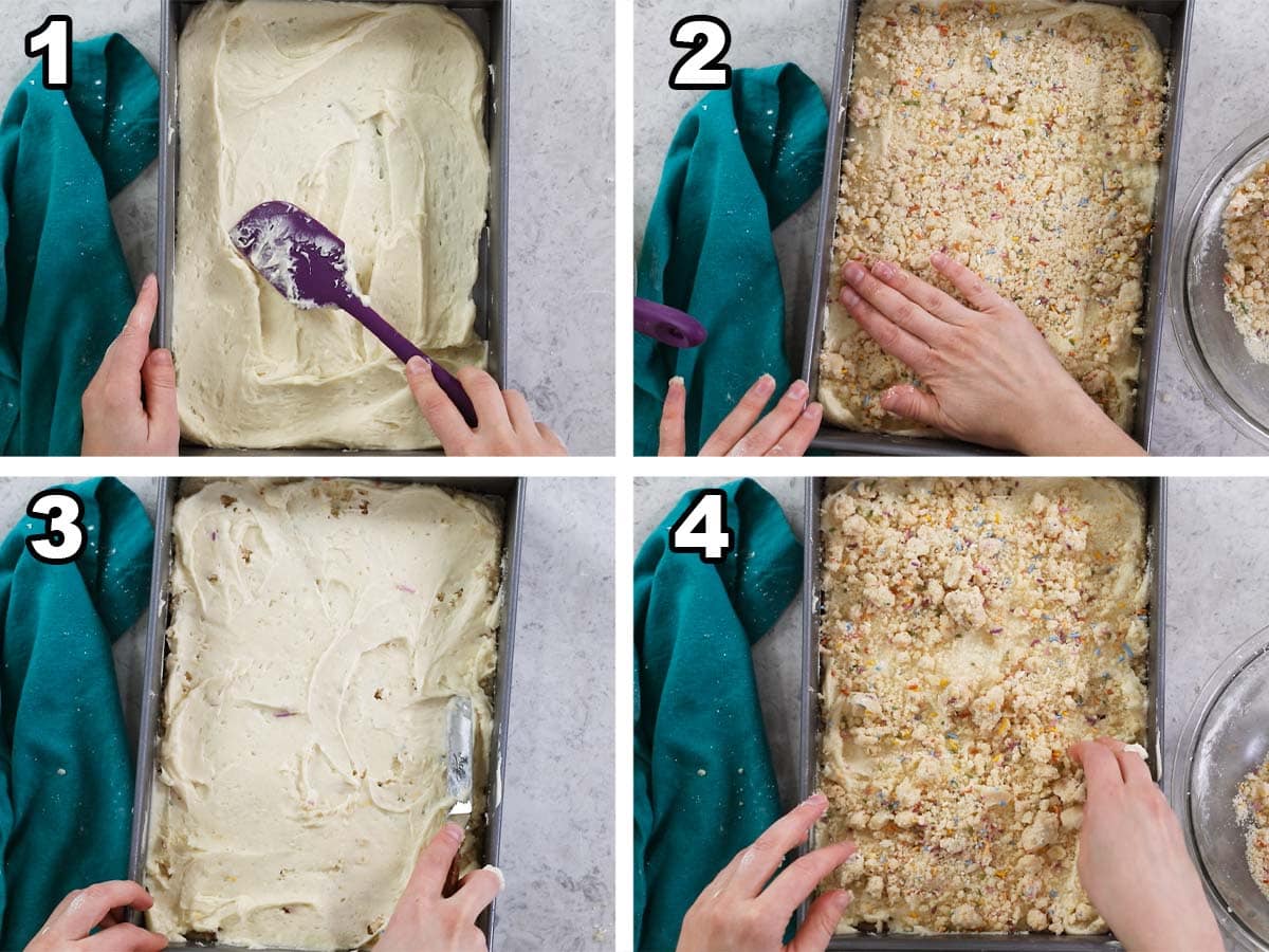 Four photos showing cake batter being layered with confetti cake crumbs.