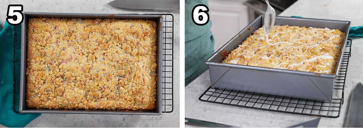 Two photos showing a crumb cake after baking and being drizzled with vanilla glaze.