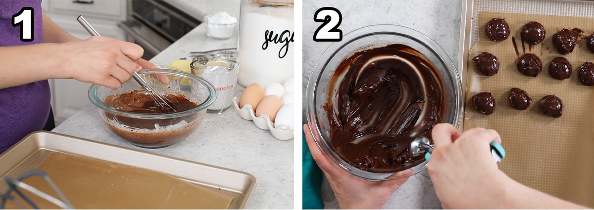 Collage of two photos showing chocolate ganache being prepared and scooped onto a cookie sheet.