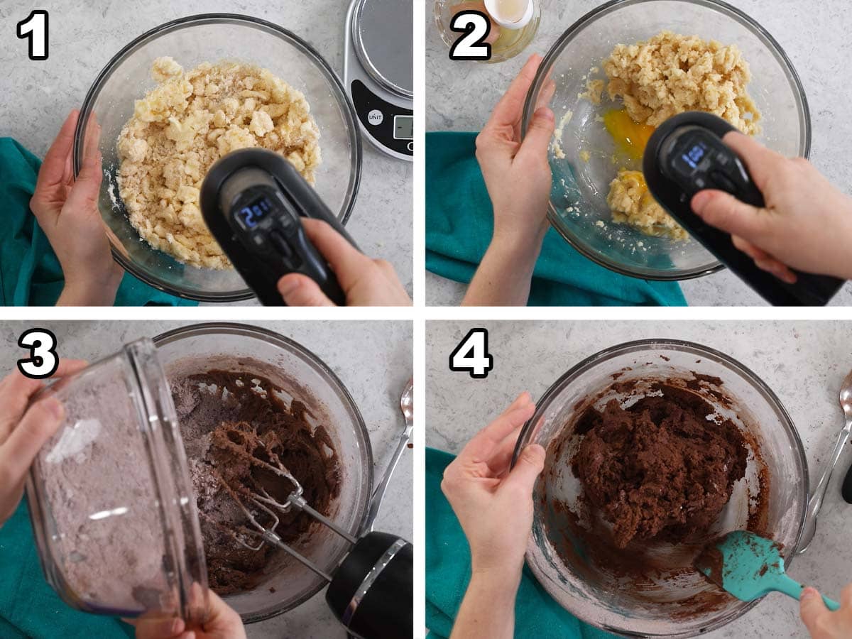 Four photos showing chocolate cookie dough being mixed together.