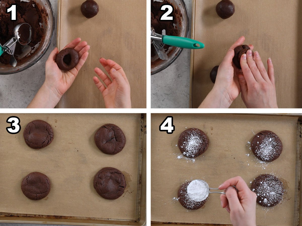 Four photos showing chocolate ganache dollops being folded into chocolate cookie dough and baked.
