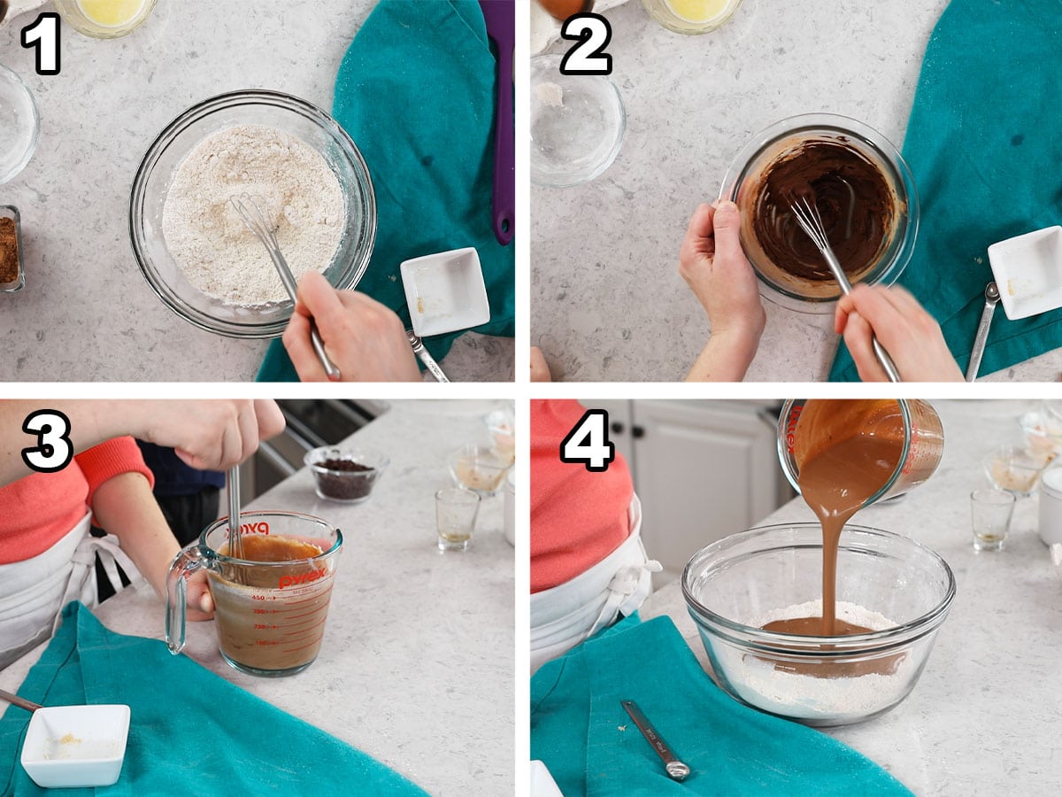 Four photos showing dry ingredients being mixed, cocoa powder being bloomed, and the two being combined.