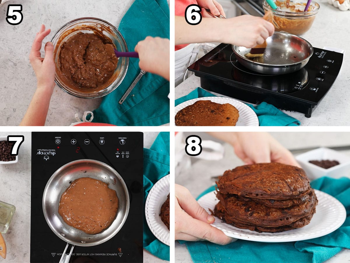 Four photos showing chocolate pancake batter being stirred together and cooked.