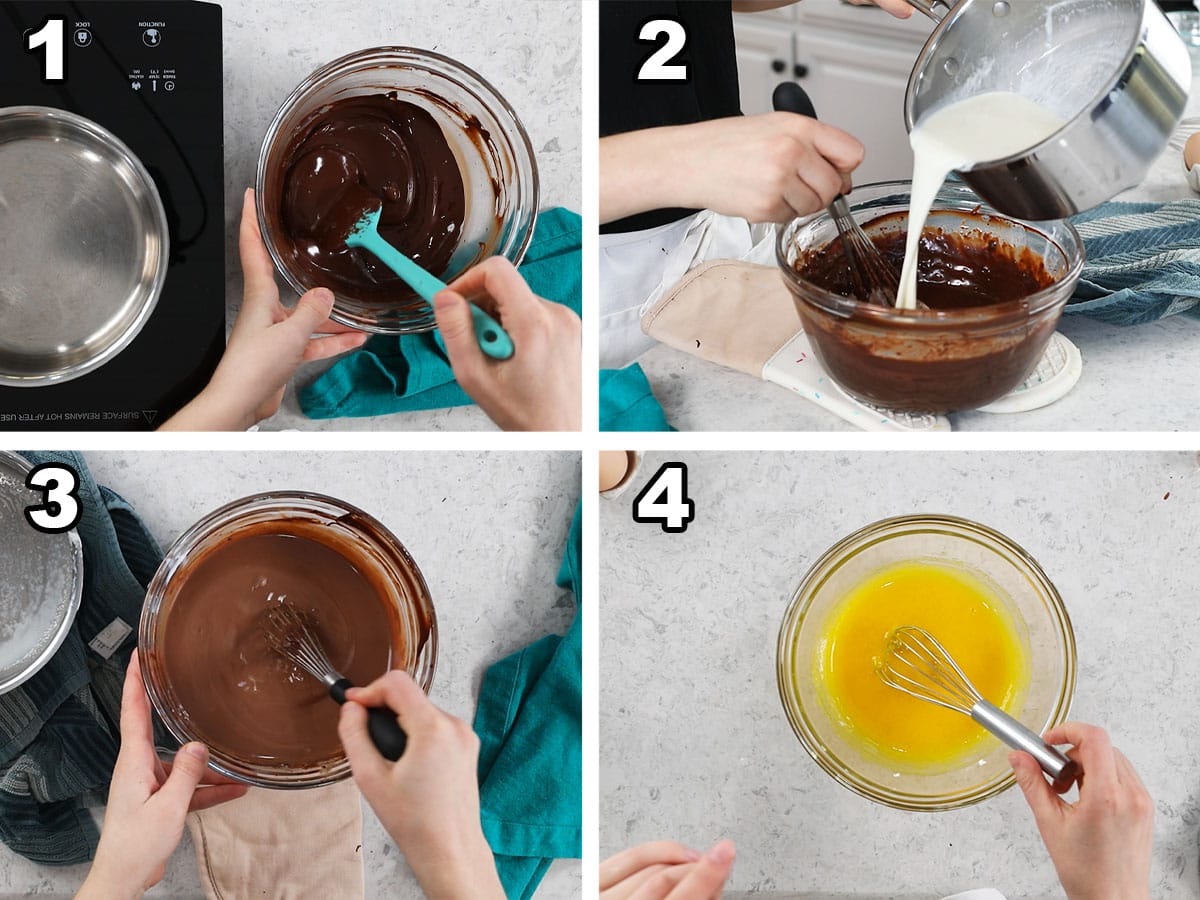Four photos showing melted chocolate being combined with warm cream and eggs being whisked together.