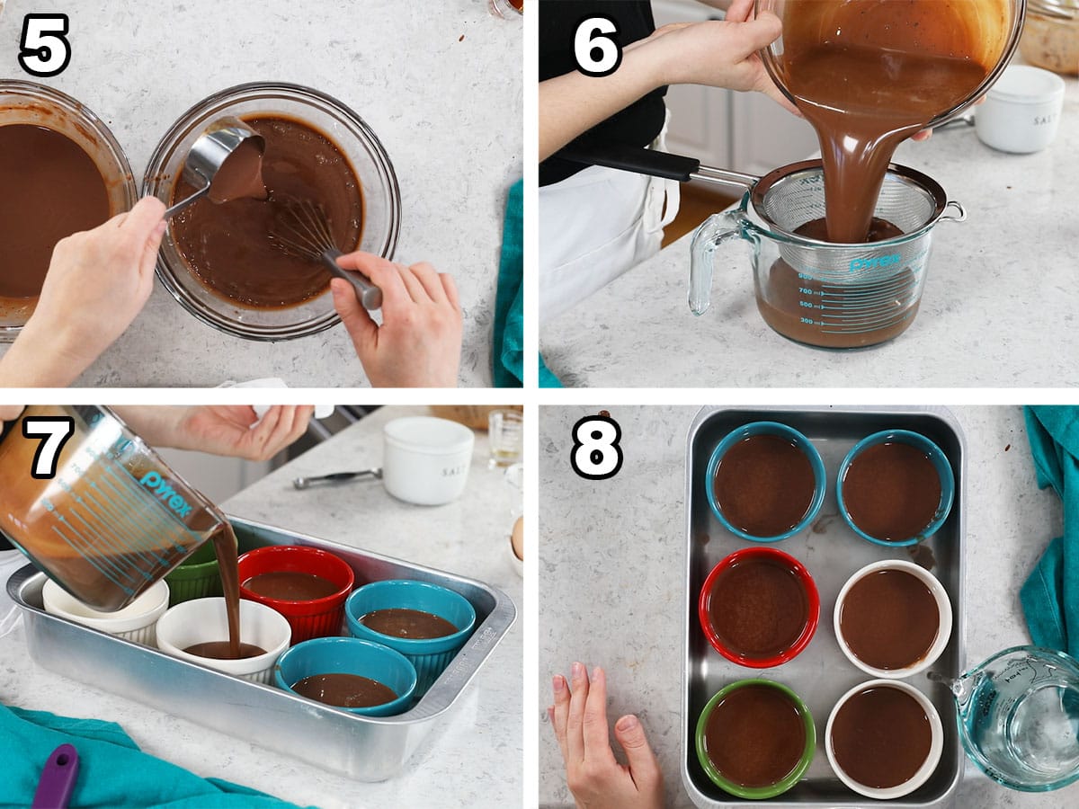 Four photos showing melted chocolate being combined with eggs and poured into ramekins.