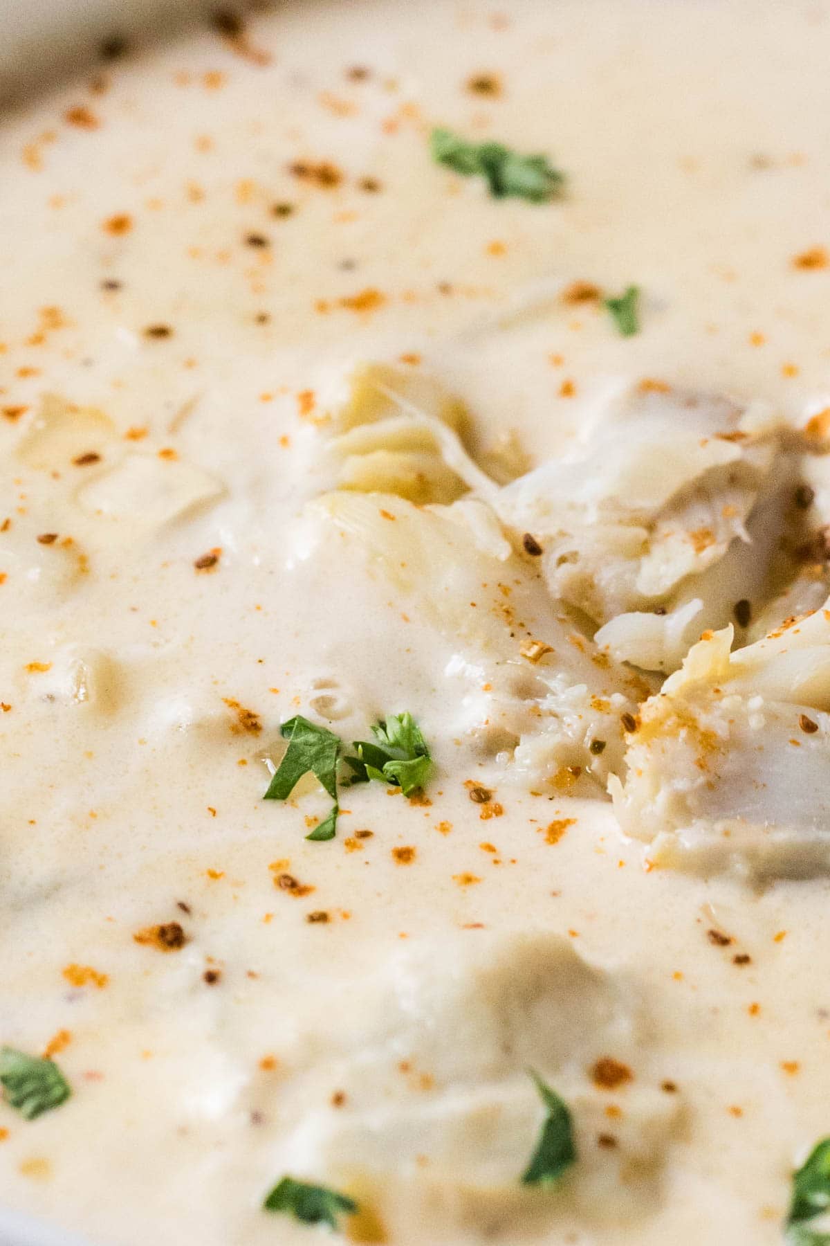 Close-up view of lump crab meat in a cream based soup.