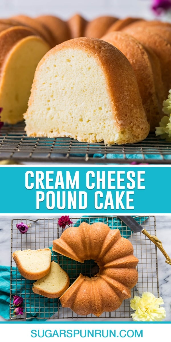 collage of cream cheese pound cake, top image of slice of cake close up, bottom image of full cake with two slices cut out photographed from above cooling on wire rack