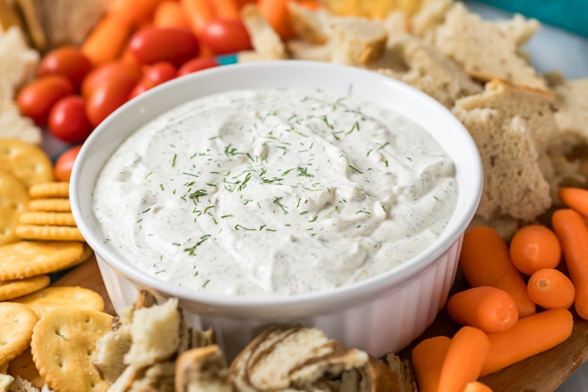 Bowl of dip sprinkled with fresh dill.