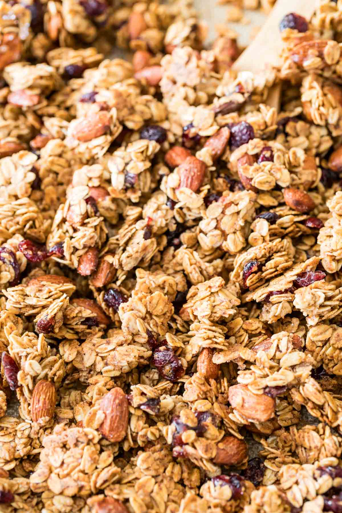 closeup of finished granola clusters