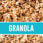 Collage of homemade granola, top image of close up of granola, bottom image of granola in baking pan
