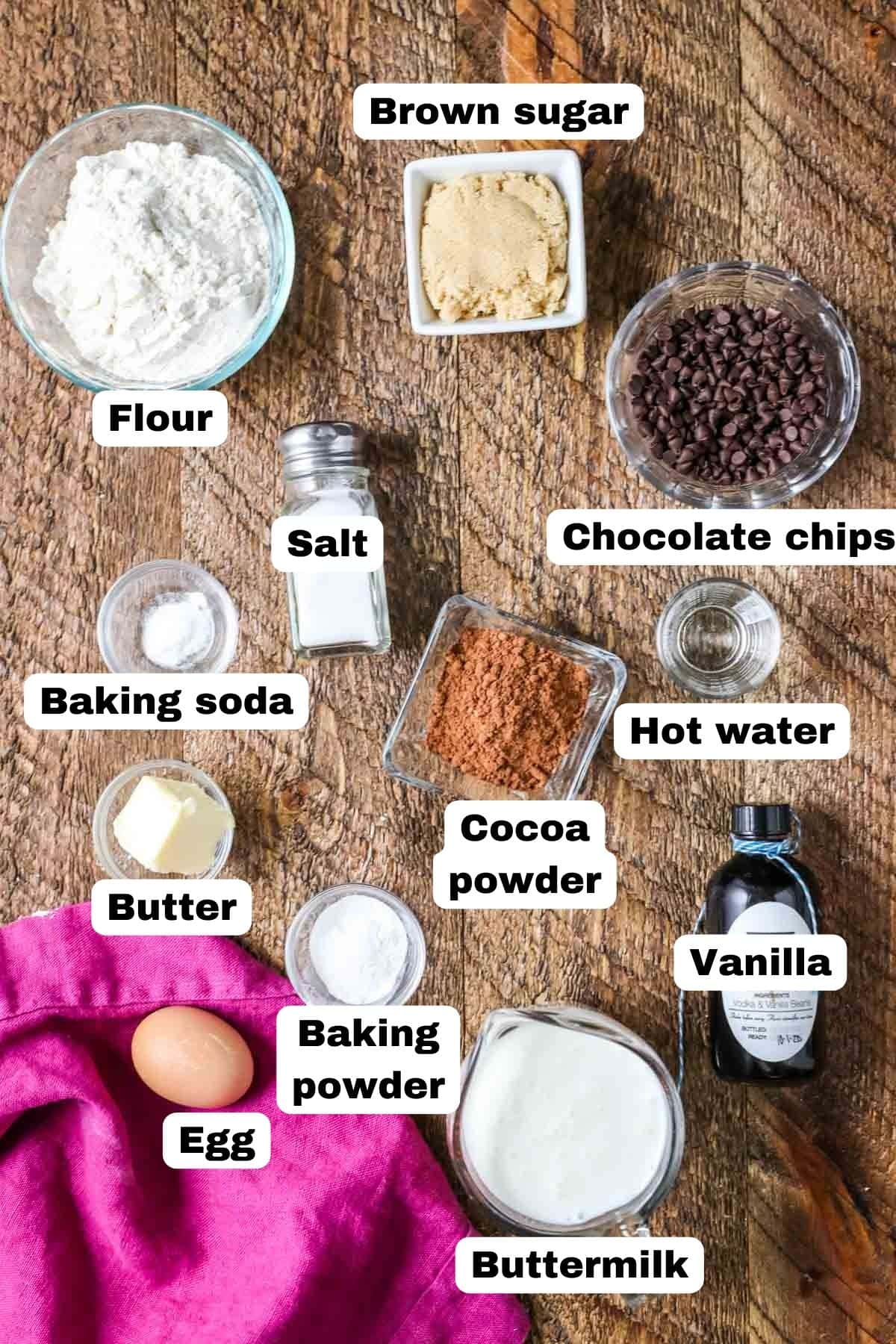 Overhead view of ingredients including cocoa powder, buttermilk, brown sugar, and more.