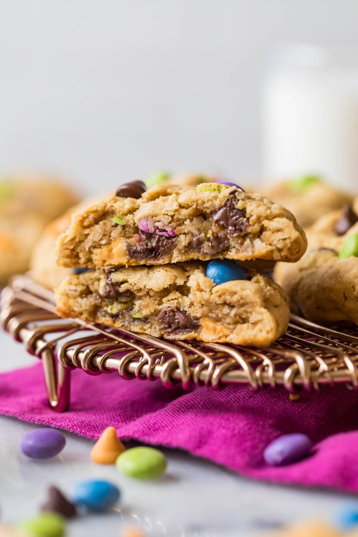 Two halves of a monster cookie stacked on top of each other.