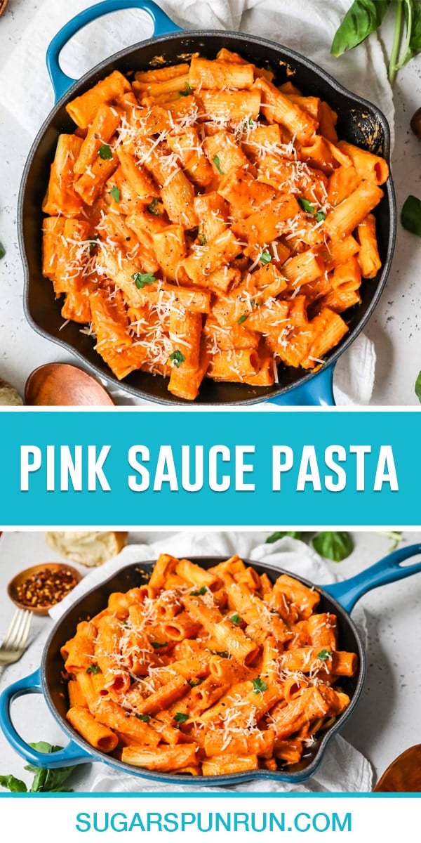 collage of pink sauce pasta, top image of pasta in skillet photographed from above, bottom image photographed from side