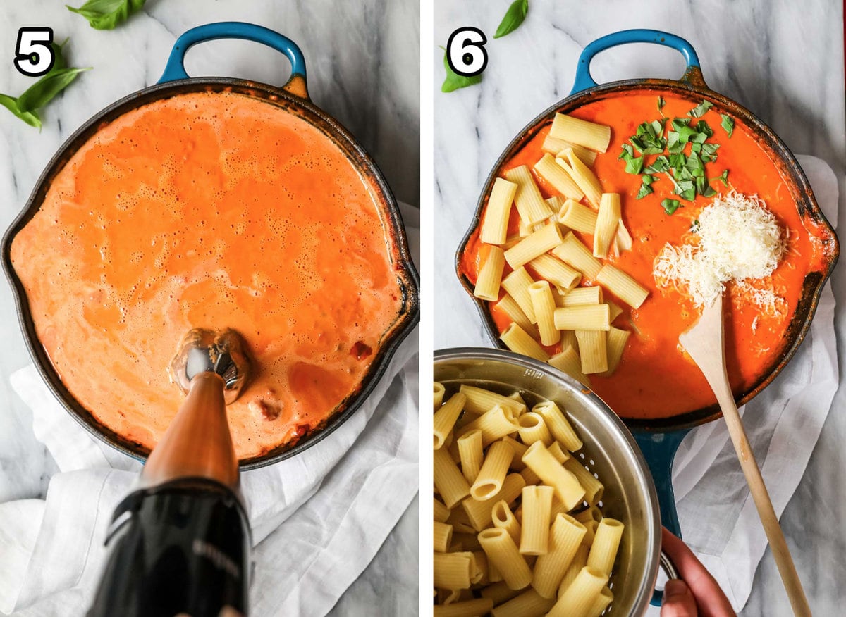 Two photos showing the sauce being blended and pasta being added