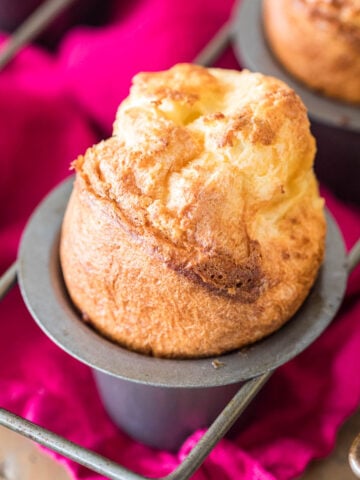 Close-up overhead shot of a popover in a popover pan.