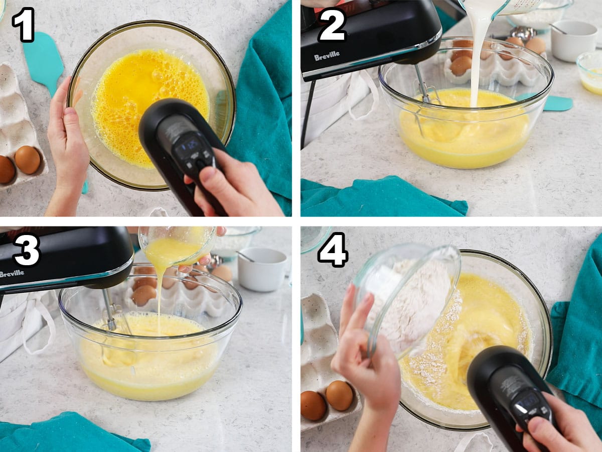Collage of four photos showing batter being prepared with a hand mixer.
