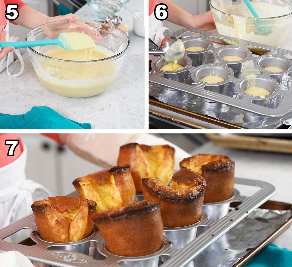 Three photos showing batter being poured into a popover pan and baked.