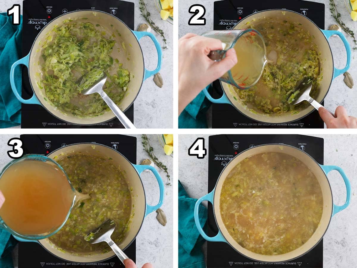 Four photos showing leeks being cooked down and broth being added.