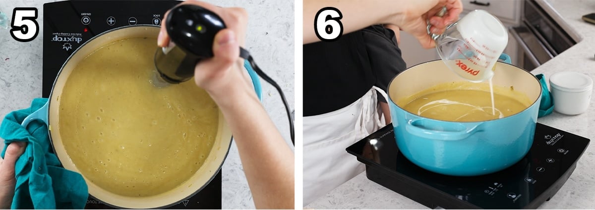 Two photos showing soup being blended with an immersion blender before adding cream.