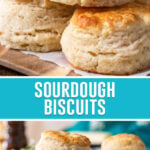 collage of sourdough biscuits, top image of three biscuits close up, bottom image same photographed from further away