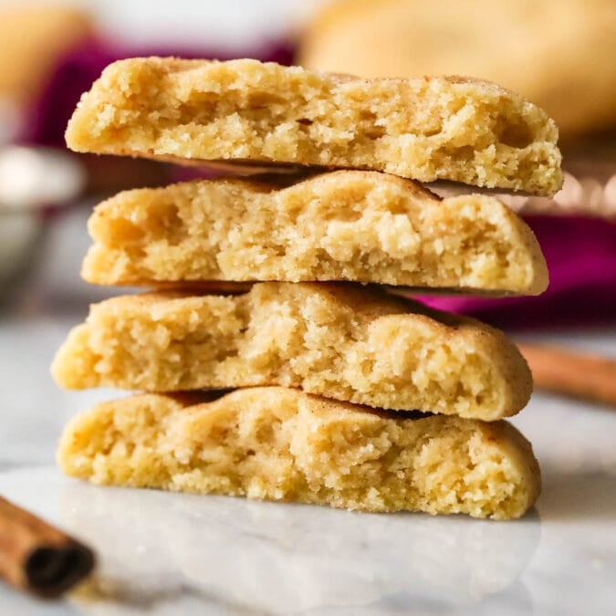 Stack of four brown butter snickerdoodle halves.