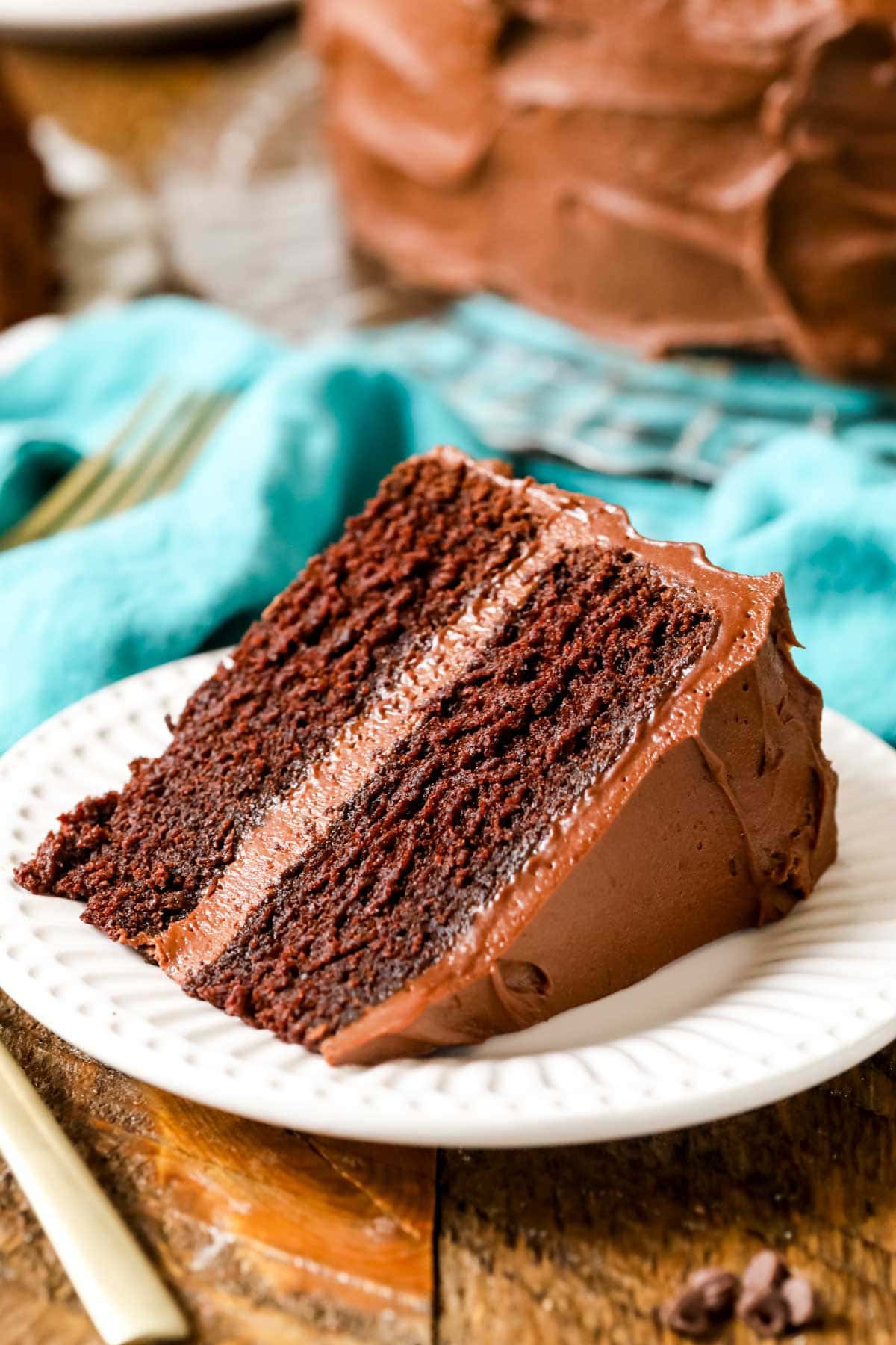Slice of the best chocolate cake on a plate.