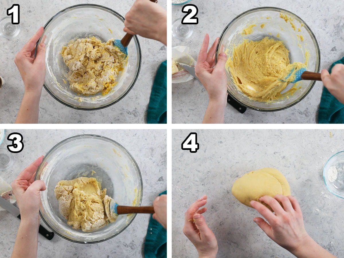 Four photos showing dough being formed and kneaded.