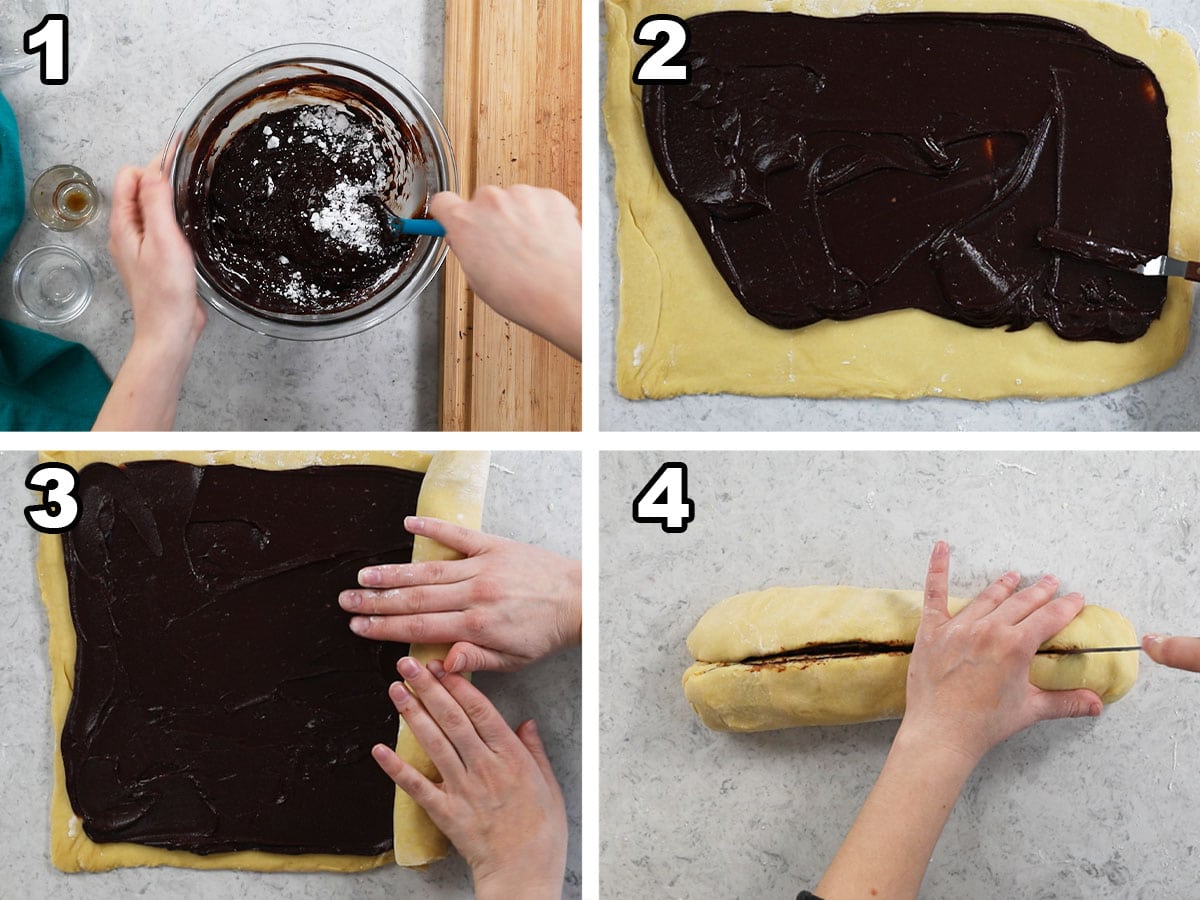 Four photos showing a chocolate filling being prepared, spread onto dough, and rolled into a log before slicing in half.