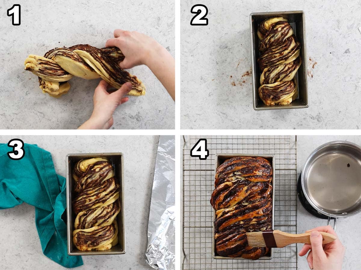 Four photos showing chocolate babka being twisted, placed in a pan, baked, and brushed with simple syrup.