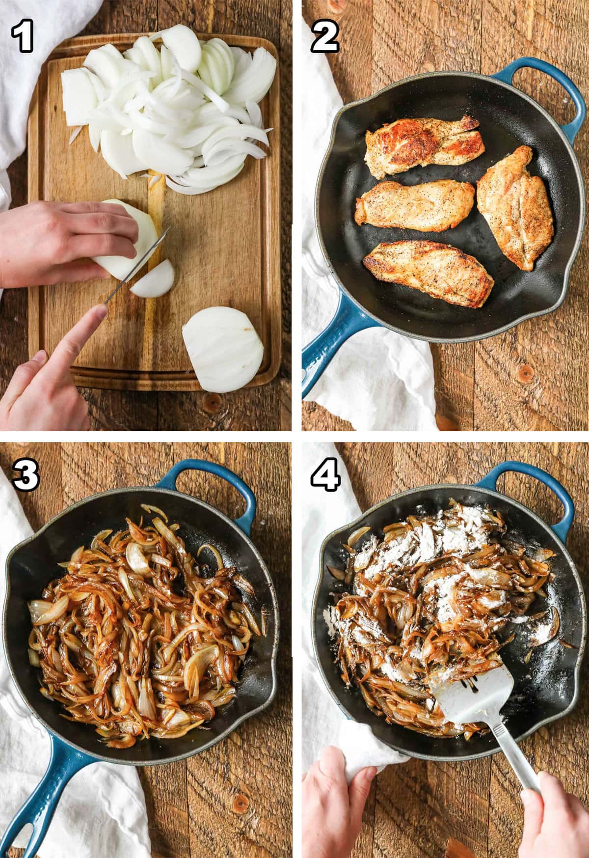 Collage of four photos showing french onion chicken being prepared